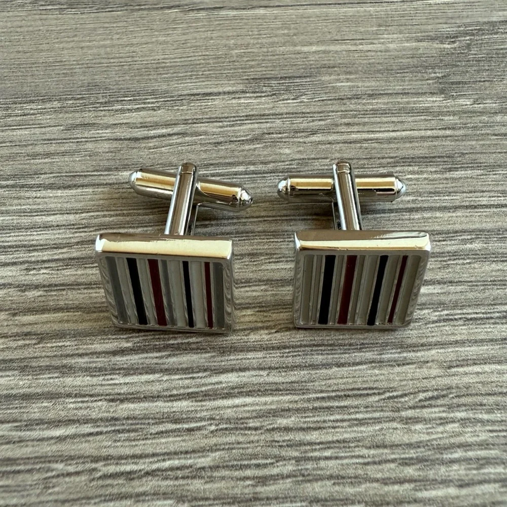 Men’s Striped Black, White, Burgundy & Grey Silver Tone Cuff Links